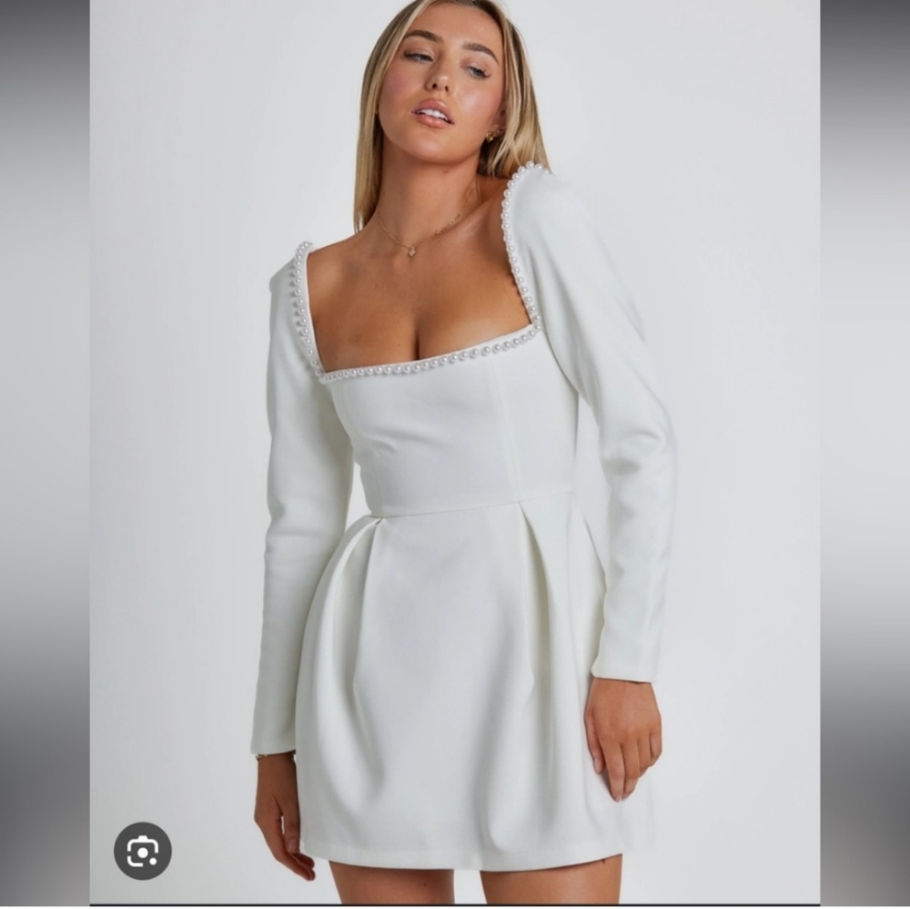 $485 Oddmuse London Elegant White Dress with Pearls,